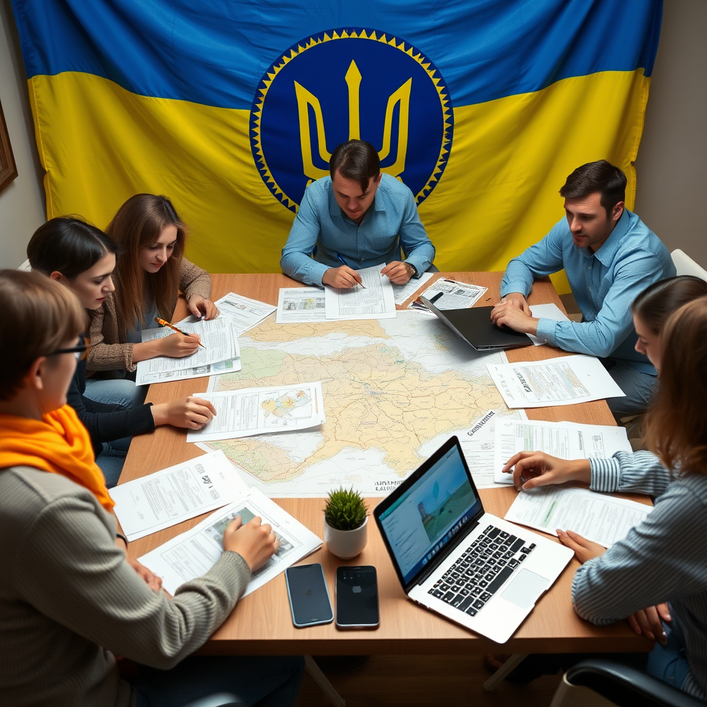 Група людей планує благодійний захід, сидячи за столом з документами, картами та ноутбуком, на фоні українського прапора