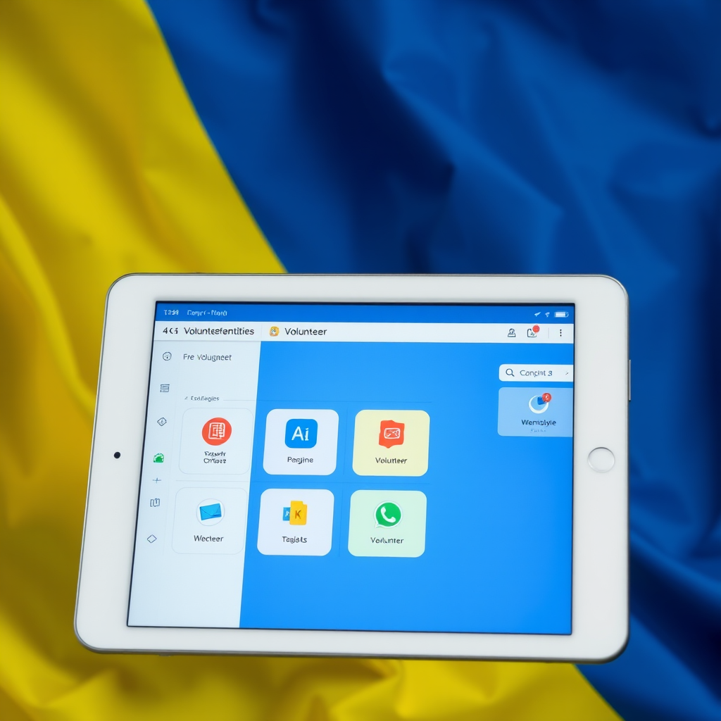 Сучасні цифрові інструменти для волонтерської діяльності - планшет з додатками для координації волонтерів на фоні українського прапора
