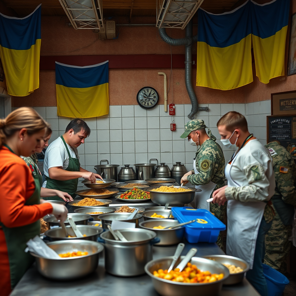 Волонтери готують їжу для військових на кухні, українські прапори на стіні, атмосфера взаємодопомоги