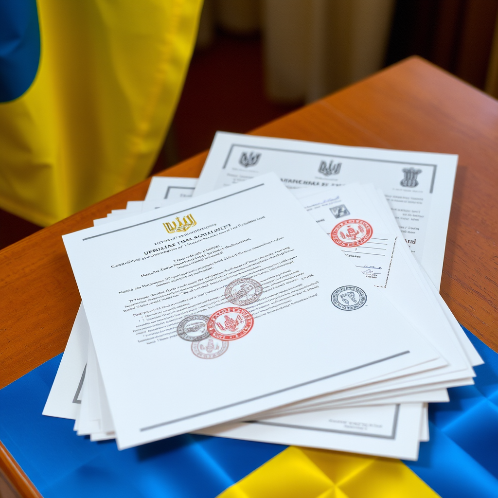 Стопка офіційних документів, печаток та дозволів для проведення благодійного заходу на столі з українським прапором