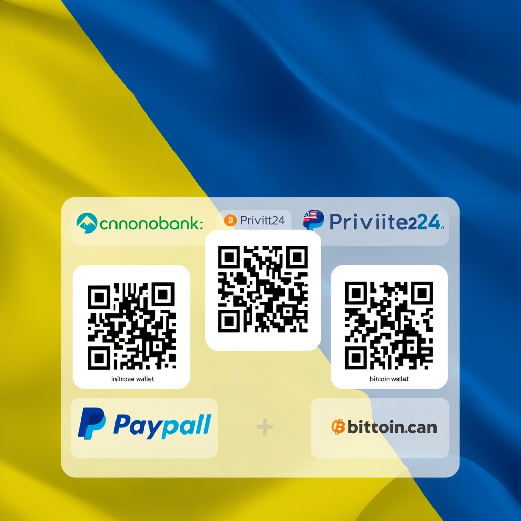 Банер з QR-кодами для різних способів пожертв: Monobank, Приват24, PayPal та біткоїн гаманець на фоні українського прапора